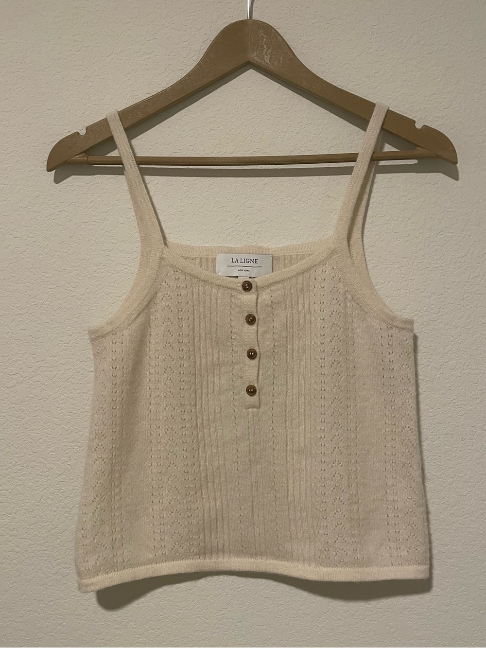 La Ligne Camille Pointelle Cream Knit Button-Front Cashmere Tank